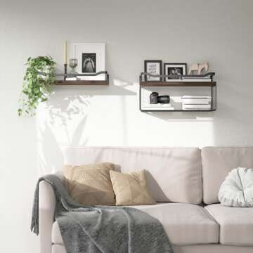 WOPITUES Floating Shelves with Wire Storage Basket, Bathroom Shelves Over Toilet with Protective Metal Guardrail, Wood Wall Shelves for Bathroom, Bedroom, Living Room, Toilet Paper- Dark Brown