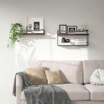 WOPITUES Floating Shelves with Wire Storage Basket, Bathroom Shelves Over Toilet with Protective Metal Guardrail, Wood Wall Shelves for Bathroom, Bedroom, Living Room, Toilet Paper- Dark Brown