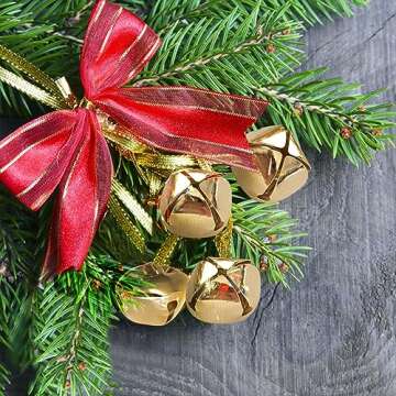 50 Pack 1 Inch Jingle Bells Christmas Gold Jingle Bells for Craft Festival Decoration with 30 Meter Red Cord and 12 Bowknots