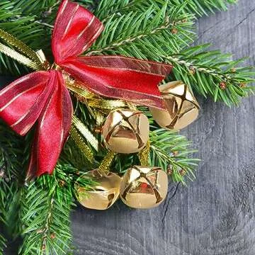 50 Pack 1 Inch Jingle Bells Christmas Gold Jingle Bells for Craft Festival Decoration with 30 Meter Red Cord and 12 Bowknots