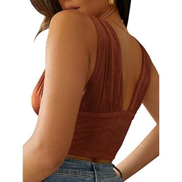 LYANER Women's Sexy Deep V Neck Slim Fitted Strap Crop Cami Tank Sleeveless Top Brown Small