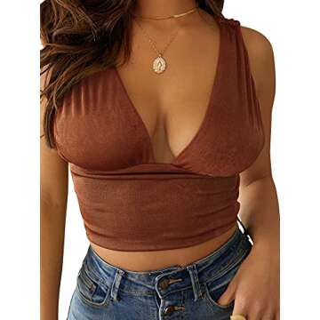 LYANER Women's Sexy Deep V Neck Slim Fitted Strap Crop Cami Tank Sleeveless Top Brown Small