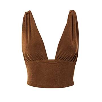 LYANER Women's Sexy Deep V Neck Slim Fitted Strap Crop Cami Tank Sleeveless Top Brown Small