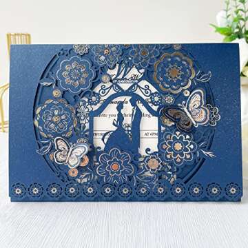 KUCHYNEE 50PCS 5 x 7.2 Inch Navy Blue Laser Cut Floral Wedding Invitations with Butterfly and Envelo...