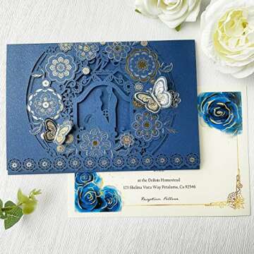 KUCHYNEE 50PCS 5 x 7.2 Inch Navy Blue Laser Cut Floral Wedding Invitations with Butterfly and Envelopes Wedding Invitation for Engagement Wedding Invite