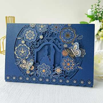 KUCHYNEE 50PCS 5 x 7.2 Inch Navy Blue Laser Cut Floral Wedding Invitations with Butterfly and Envelopes Wedding Invitation for Engagement Wedding Invite