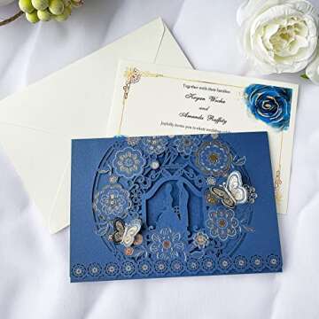 KUCHYNEE 50PCS 5 x 7.2 Inch Navy Blue Laser Cut Floral Wedding Invitations with Butterfly and Envelopes Wedding Invitation for Engagement Wedding Invite