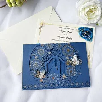 KUCHYNEE 50PCS 5 x 7.2 Inch Navy Blue Laser Cut Floral Wedding Invitations with Butterfly and Envelopes Wedding Invitation for Engagement Wedding Invite