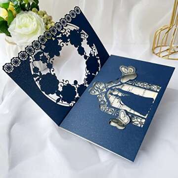 KUCHYNEE 50PCS 5 x 7.2 Inch Navy Blue Laser Cut Floral Wedding Invitations with Butterfly and Envelopes Wedding Invitation for Engagement Wedding Invite