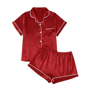 LILLUSORY Silk Satin Pajama Set for Women 2 Piece Lounge Pjs Shorts Button Down Shirt Sleepwear Matc...