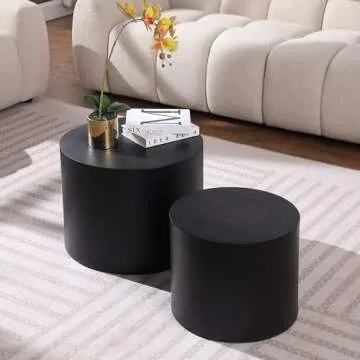 kevinplus Nesting Coffee Table Set of 2 for Living Room, Modern Round End Table Set, Wooden Circle Side Table and Accent Furniture for Bedroom Balcony Lounge Home Office, No Assembling, Matte Black