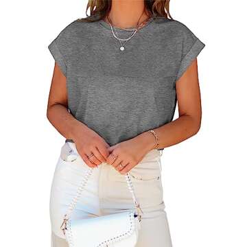 Tankaneo Womens Short Sleeve Cropped T-Shirts Summer Rolled Dolman Sleeve Crop Tops Casual Round Nec...