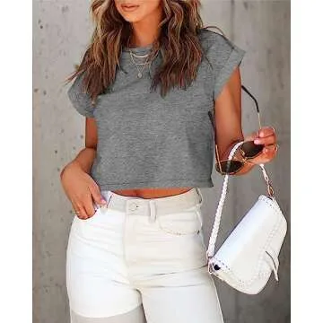 Tankaneo Womens Short Sleeve Cropped T-Shirts Summer Rolled Dolman Sleeve Crop Tops Casual Round Neck Solid Short Basic Tees