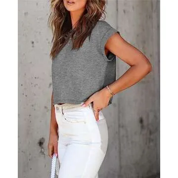 Tankaneo Womens Short Sleeve Cropped T-Shirts Summer Rolled Dolman Sleeve Crop Tops Casual Round Neck Solid Short Basic Tees