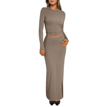 Trendy Queen 2 Piece Skirt Sets Women Long Sleeve Crop Tops Bodycon Maxi Coffee Grey S