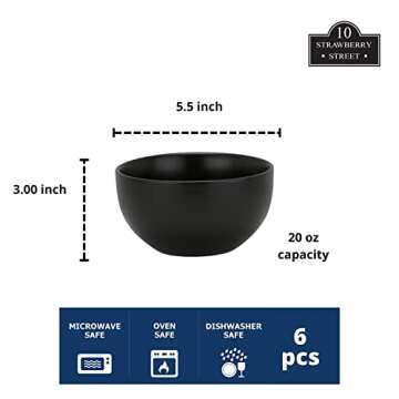 10 Strawberry Street Wazee Matte 5.5"/16oz Cereal Bowl, Set of 6, Black