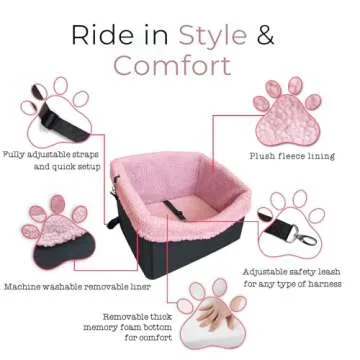 Large Dog Car Seat for Small to Medium Dogs- Pink Dog Booster Seat - Washable and Adjustable Pet Travel Carrier Bed- Includes Safety Seat Belt Tether for Dogs, Puppies, and Pets up to 30 lbs
