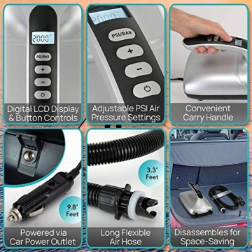 SereneLife Inflatable Paddle Board Pump Compressor - 20PSI High Pressure SUP Inflator - 12V DC Car Connector - Electric Air Pump for Paddle Boards, Boats, Rafts, Pool Toys, Water Sports