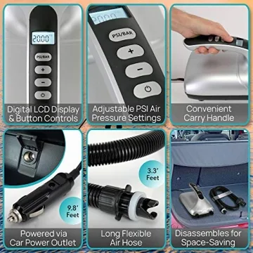 SereneLife Inflatable Paddle Board Pump Compressor - 20PSI High Pressure SUP Inflator - 12V DC Car Connector - Electric Air Pump for Paddle Boards, Boats, Rafts, Pool Toys, Water Sports