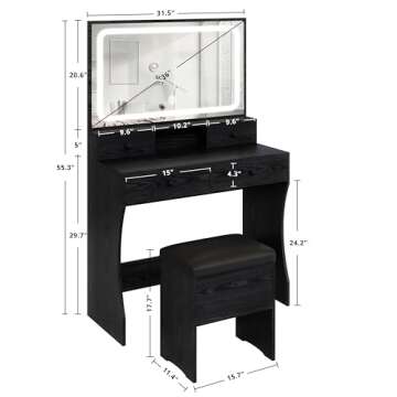 IRONCK Vanity Desk Set with LED Lighted Mirror & Power Outlet, Makeup Vanity Table with 4 Drawers,Storage Bench,for Bedroom, Bathroom, Black