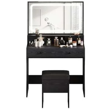 IRONCK Vanity Desk Set with LED Lighted Mirror & Power Outlet, Makeup Vanity Table with 4 Drawers,Storage Bench,for Bedroom, Bathroom, Black