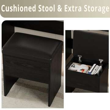 IRONCK Vanity Desk Set with LED Lighted Mirror & Power Outlet, Makeup Vanity Table with 4 Drawers,Storage Bench,for Bedroom, Bathroom, Black