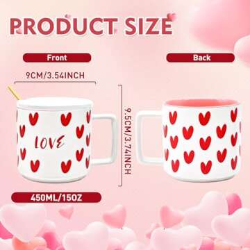 15 oz Valentine's Day Love Heart Mug with Lid and Spoon, Large Romantic Ceramic Coffee Cup, 450ml Ho...