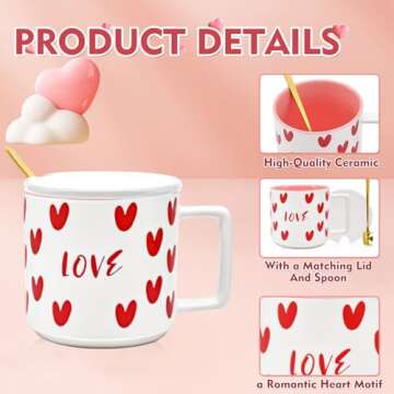 15 oz Valentine's Day Love Heart Mug with Lid and Spoon, Large Romantic Ceramic Coffee Cup, 450ml Holiday Drinkware, Valentines Christmas Birthday Gifts for Couples Her Boyfriend Girlfriend (White)