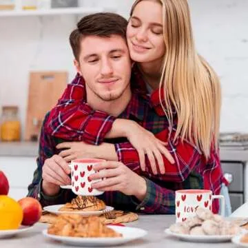 15 oz Valentine's Day Love Heart Mug with Lid and Spoon, Large Romantic Ceramic Coffee Cup, 450ml Holiday Drinkware, Valentines Christmas Birthday Gifts for Couples Her Boyfriend Girlfriend (White)