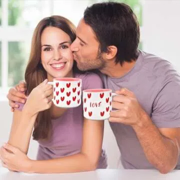 15 oz Valentine's Day Love Heart Mug with Lid and Spoon, Large Romantic Ceramic Coffee Cup, 450ml Holiday Drinkware, Valentines Christmas Birthday Gifts for Couples Her Boyfriend Girlfriend (White)