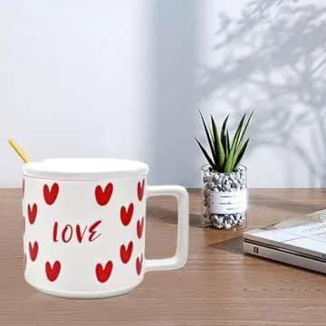 15 oz Valentine's Day Love Heart Mug with Lid and Spoon, Large Romantic Ceramic Coffee Cup, 450ml Holiday Drinkware, Valentines Christmas Birthday Gifts for Couples Her Boyfriend Girlfriend (White)