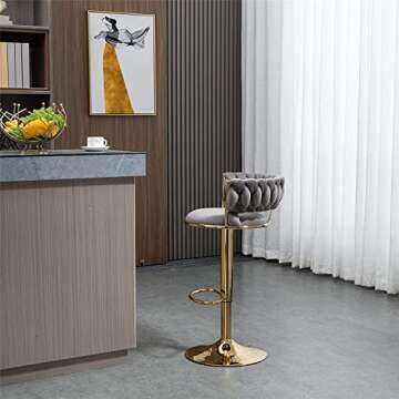Kakotito 360° Velvet Swivel Bar Stools with Low Back & Footrest, Adjustable Counter Barstools, Gold Bar Stool (Set of 2, Grey)