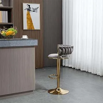 Kakotito 360° Velvet Swivel Bar Stools with Low Back & Footrest, Adjustable Counter Barstools, Gold Bar Stool (Set of 2, Grey)