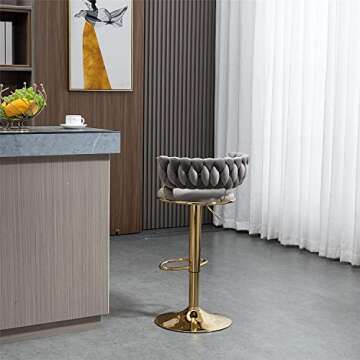 Kakotito 360° Velvet Swivel Bar Stools with Low Back & Footrest, Adjustable Counter Barstools, Gold Bar Stool (Set of 2, Grey)