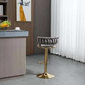 Kakotito 360° Velvet Swivel Bar Stools with Low Back & Footrest, Adjustable Counter Barstools, Gold Bar Stool (Set of 2, Grey)
