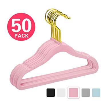MIZGI Premium Kids Velvet Hangers (Pack of 50) with Gold Hooks,Space Saving Ultra Thin,Non Slip Hangers use for Children's Skirt Dress Pants,Clothes Hangers by (Pink)