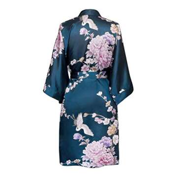 KIM+ONO Satin Kimono Robe Short - Chrysanthemum & Crane - Navy (Blue)