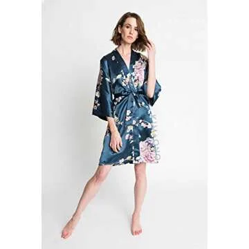 KIM+ONO Satin Kimono Robe Short - Chrysanthemum & Crane - Navy (Blue)