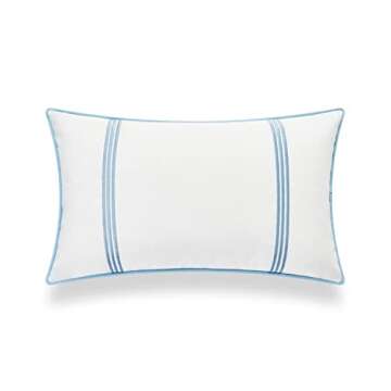 Hofdeco Premium Coastal Hampton Style Patio Indoor Outdoor Lumbar Pillow Cover Only, 12"x20" Water Resistant for Backyard, Couch, Baby Blue Embroidered Vertical Line