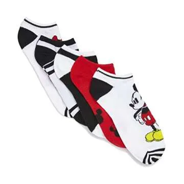 Disney Women's Mickey Mouse 5 Pack No Show, Black Red Multi, Fits Sock Size 9-11 Fits Shoe Size 4-10.5
