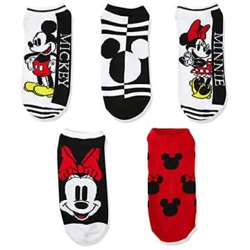 Disney Women's Mickey Mouse 5 Pack No Show, Black Red Multi, Fits Sock Size 9-11 Fits Shoe Size 4-10.5