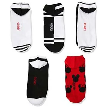 Disney Women's Mickey Mouse 5 Pack No Show, Black Red Multi, Fits Sock Size 9-11 Fits Shoe Size 4-10.5