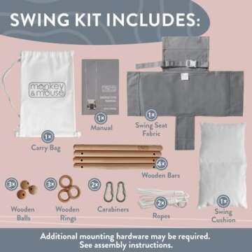 Monkey & Mouse Baby Swing Seat, Secure Canvas and Wooden Hanging Swing Chair, Infant, Toddler, Kids Toys - Indoor and Temporary Outdoor Hammock for Indoor Playground, Tree Swings or Backyard