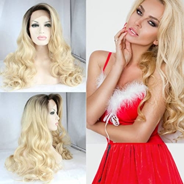 Yinuozhogntian 24" Dark Root Ombre Side Part Synthetic Lace Front Wigs for Women Female Holidays Cos...