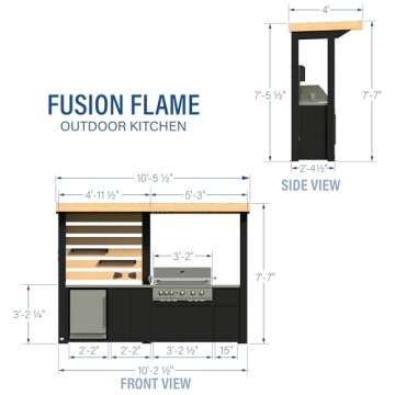 Backyard Discovery Fusion Flame Turn-Key Outdoor Kitchen with 38-inch Stainless Steel 5-burner Grill Island, Sear Zone, Infrared Burner, Outdoor-Rated Refrigerator, Storage, Steel Roof for Deck, Patio