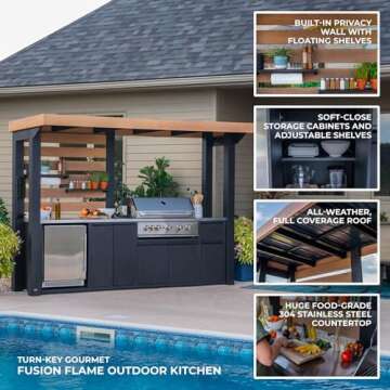 Backyard Discovery Fusion Flame Turn-Key Outdoor Kitchen with 38-inch Stainless Steel 5-burner Grill Island, Sear Zone, Infrared Burner, Outdoor-Rated Refrigerator, Storage, Steel Roof for Deck, Patio
