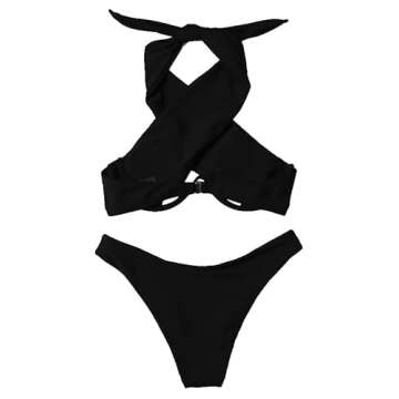 Lilosy Sexy Cute Underwire Push Up Cutout Halter Criss Cross High Cut Leg Thong Brazilian Bikini Swimsuit Set Women Cheeky Bottom Bathing Suit 2 Two Piece Black Small