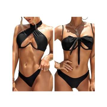 Lilosy Sexy Cute Underwire Push Up Cutout Halter Criss Cross High Cut Leg Thong Brazilian Bikini Swimsuit Set Women Cheeky Bottom Bathing Suit 2 Two Piece Black Small