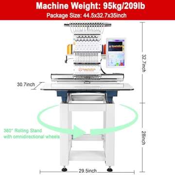 Smartstitch S-1501 Commercial Embroidery Machine with 15 Needles,14"x20" Embroidery Area,1200SPM Max Speed,12" Touch Screen, Wifi available, capable of embroidering on 3D Caps, Flat, T-shirt and more