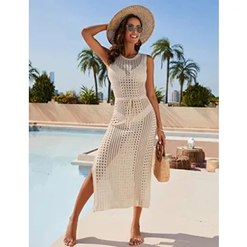 BMJL Womens Swimwear Cover Ups Crochet Hollow Out Long Bathing Suit Coverup Bikini Sleeveless Side Split Beach Dress Apricot